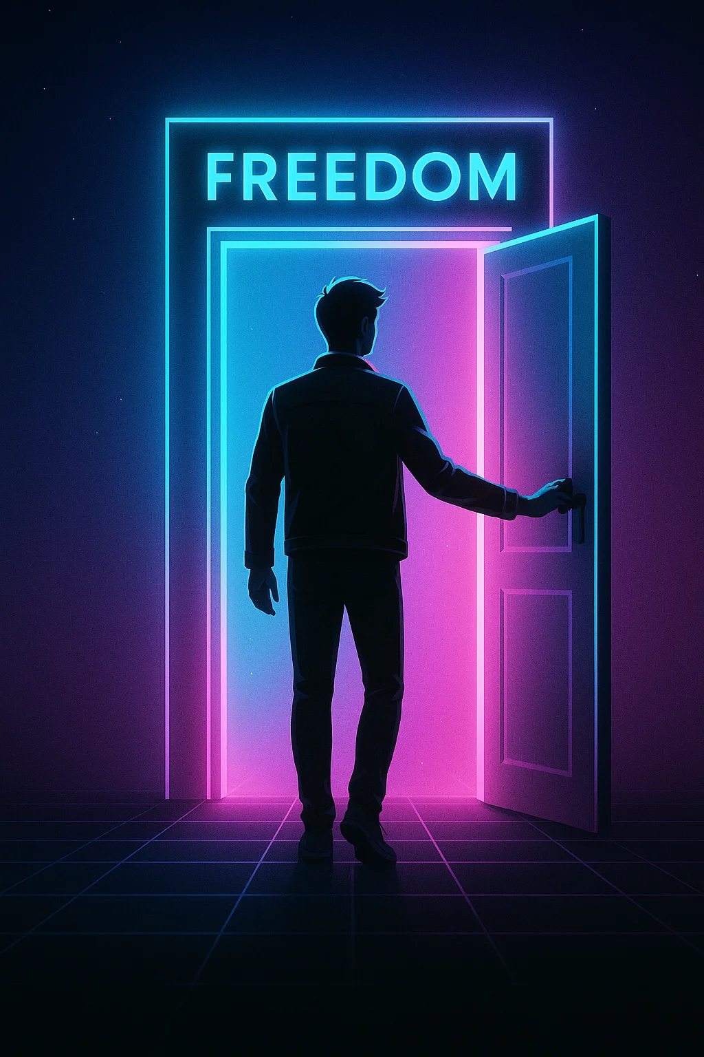 Silhouetted person stepping through a glowing digital door labeled FREEDOM.