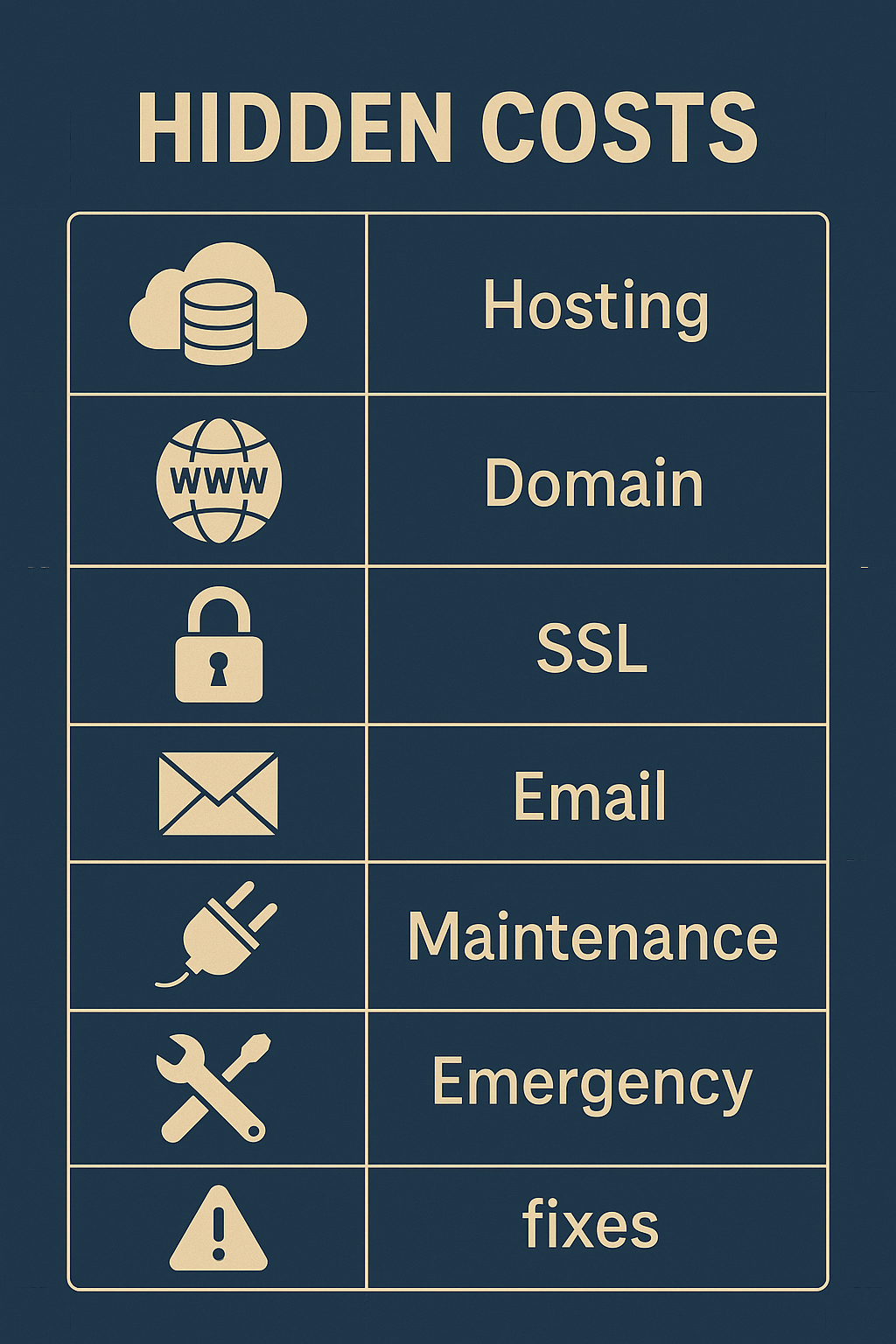 Infographic showing hidden costs of website ownership including hosting, SSL, maintenance, and emergency fixes