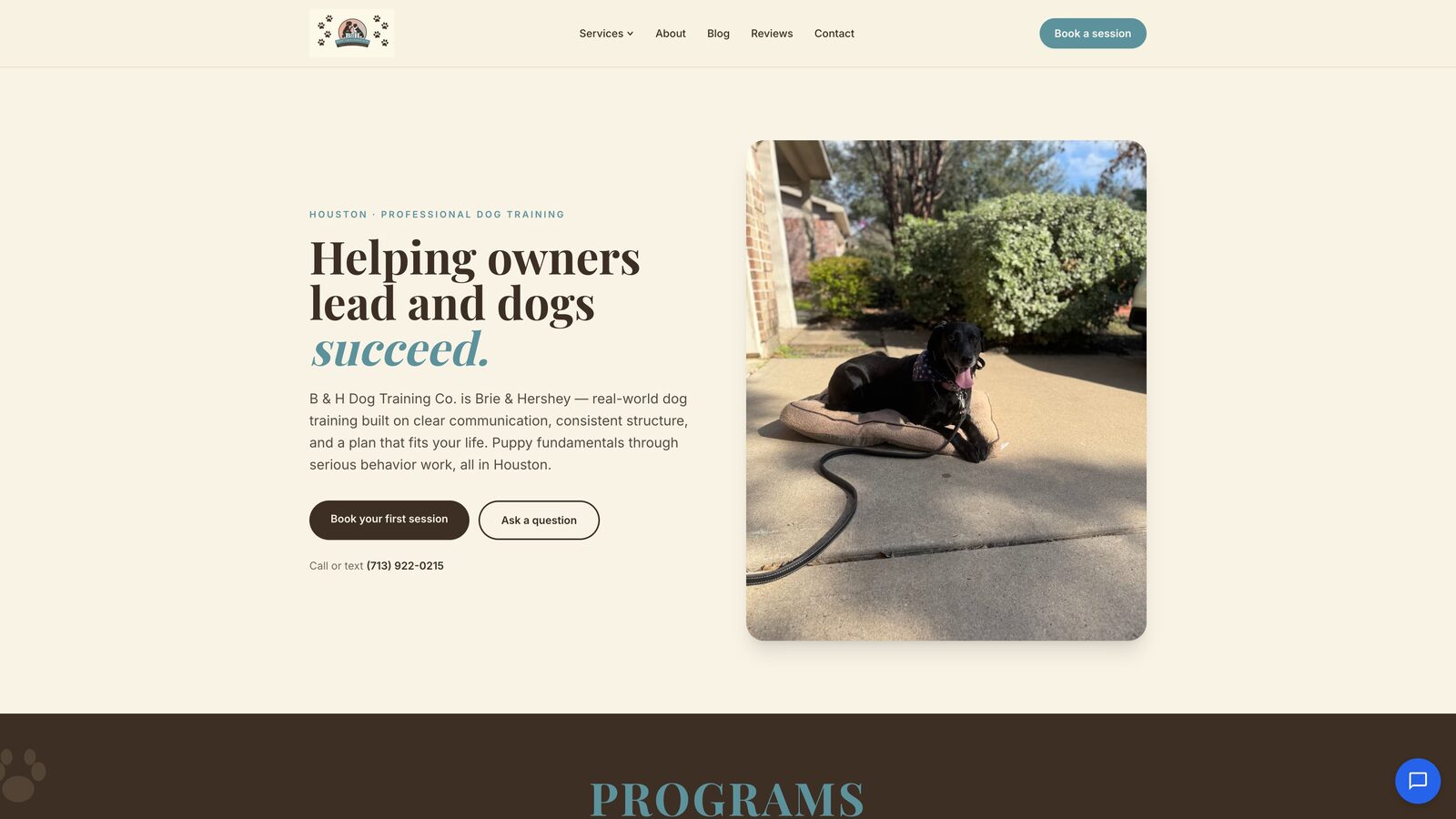 B&H Dog Training Co. — Houston dog trainer website built in Next.js