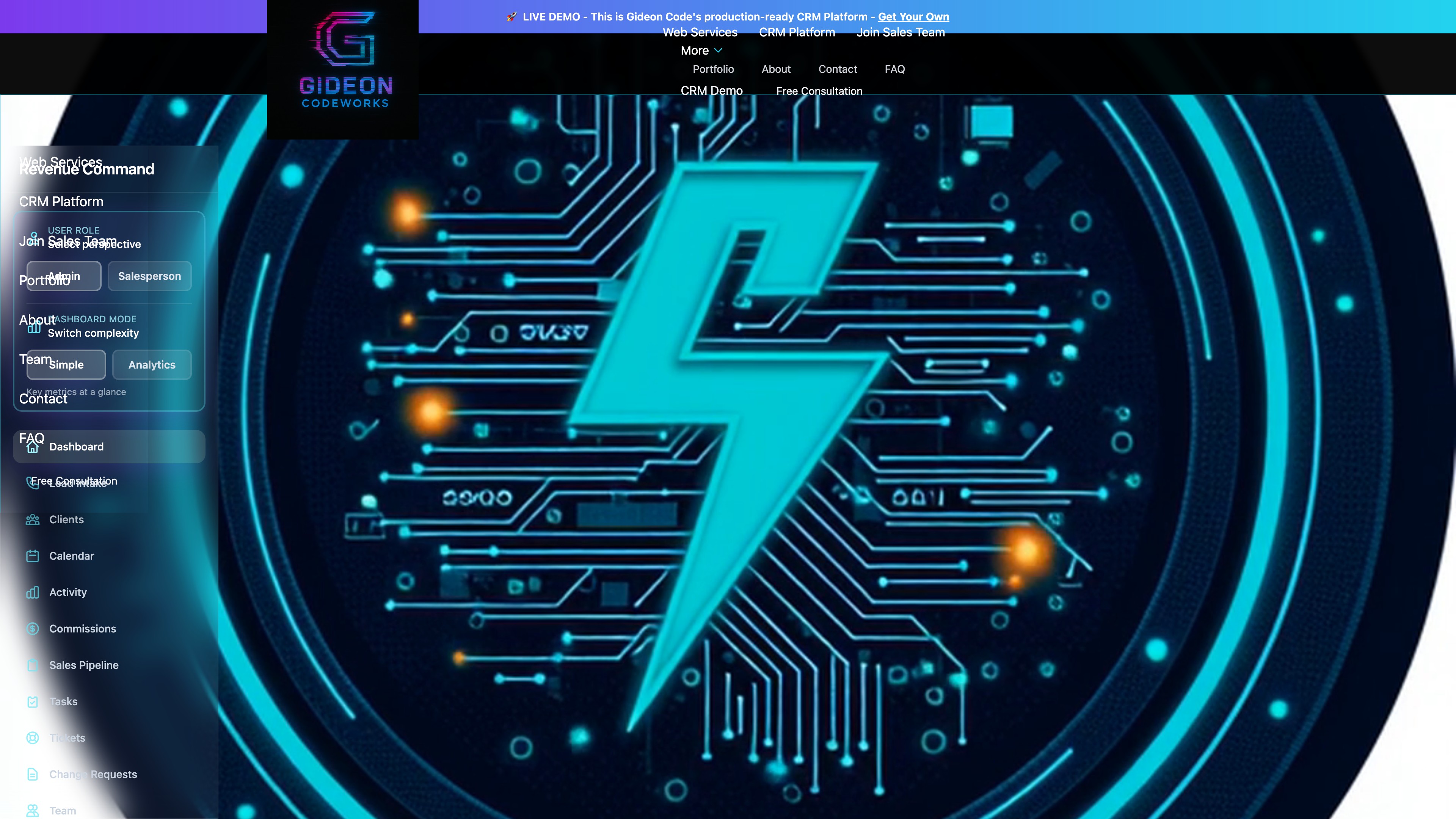 Dashboard screens from the Gideon Codeworks CRM platform