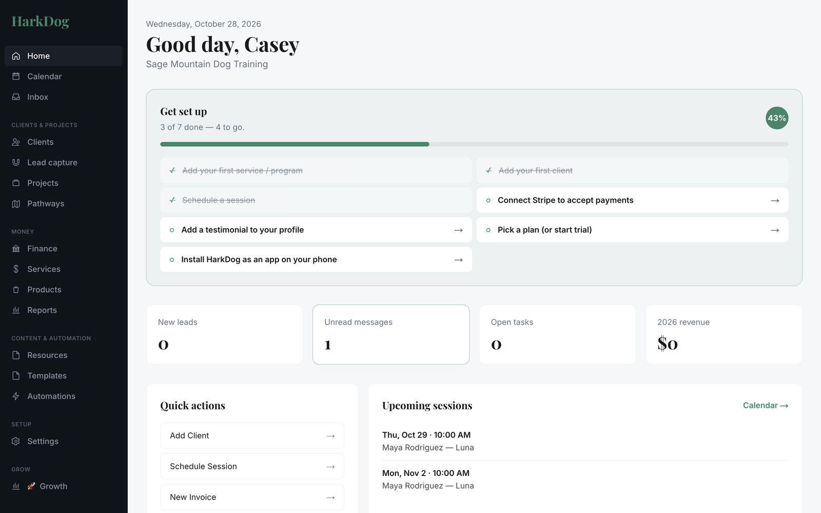 HarkDog trainer dashboard — real app interface